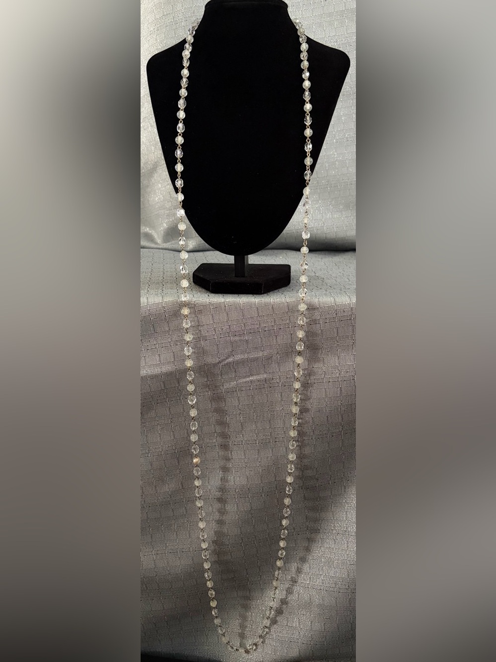 Clear Crystal and White Bead Long Necklace - Women Jewelry